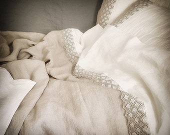Linen duvet cover with lace from medium heavy natural flax grey and white linen, stonewashed linen doona cover, Queen, King, custom bedding