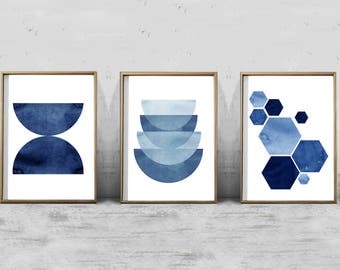 Blue Abstract Watercolor Prints Set Triptych Geometric Wall art Large Abstract Art Boho Home Decor Minimalist art Indigo Blue Navy Modern