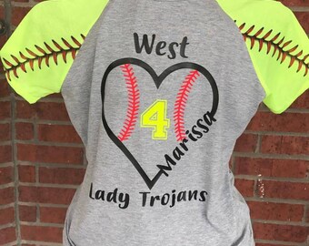 Personalized Softball Heart Shirt, Raglan Softball Heart Shirt, Raglan Softball Mom Shirt, Personalized Softball Shirt, Softball Mama