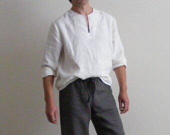 White Mens Linen Shirt /Mexican Wedding Linen / Beach Shirt /Yoga Shirt / Pajamas Shirt / Lounge Shirt / Flax Shirt