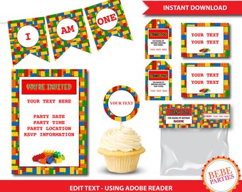 PARTY PACKAGE Lego Building Blocks | Add Your Own Text Using Adobe Reader | Printable | Instant Download