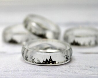 Translucent ring - Gothic Ring - Gothic Jewelry - Castle Ring - Landscape ring - Transparent Handmade Ring