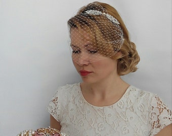 Birdcage Veil Headband, Blusher Birdcage Veil, Wedding Veil Bridal Veil with Rhinestone Headband Bridal Veil and Headpiece Art Deco Headband