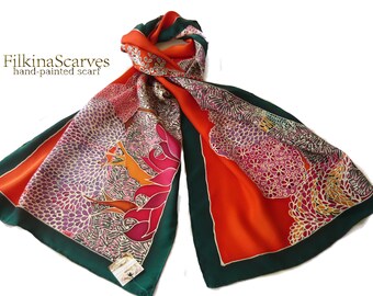 Hand Painted Silk Scarf Flowering orchard Handpainted Scarf Women Teacher Gifts Silk Painting Orange shawl Batik scarf Luxurious scarf FS 31