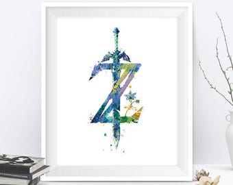 Legend of Zelda Breath of the Wild Print Nintendo Video Game Abstract Watercolor Zelda Sword Art Link Painting Wall Art Digital Download
