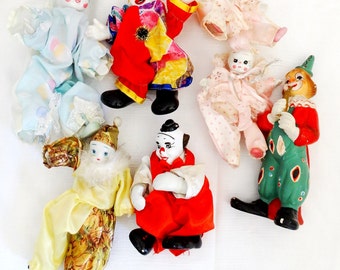 Lot of porcelain harlequin dolls clown dolls collectible vintage harlequin dolls LOT of 7
