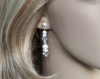 Handmade Swarovski Pearl and Crystal Dangle Bridal Earrings, Bridal, Wedding (Pearl-382-A)