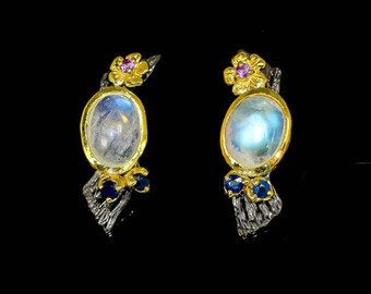 Rainbow Moonstone Earrings, Flower Earrings, Sapphire Earrings, Wedding July Birthstone Botanical Earrings, tree branch, gifts for wife mom