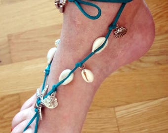 Barefoot Boho shells wrap ankle jewelry, Ibiza style Turquoise shells and charms barefoot wrap, Gypsy beach jewelry