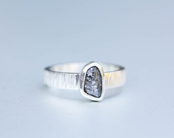 Diamond ring sterling silver, raw diamond ring, unique ring with a rough black diamond, handmade ring in sterling silver - Size US 6