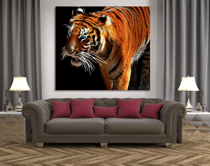 Large tiger wall art canvas, Abstract tiger wall decor, neon tiger print, tiger abstract art, cool tiger canvas print