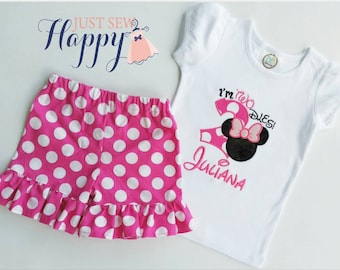 I'm TWO-dles Personalized Minnie Mouse birthday outfit/ Shirt with Ruffle Pants OR Ruffle Shorts/ Pink and white birthday, Girls TWO-dles/