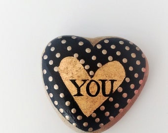 You Are Enough - hand-painted rock, for giving and for getting, gold leaf, heart, metallic gold, dots. quote
