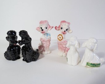 Vintage Ceramic Poodle Salt and Pepper Shakers 1950s Japan and West Germany, Pink Poodles, Black Poodles, White Poodles