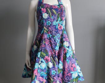 1980's Fit & Flare Halter Dress- Tropical Floral Print- Size 8