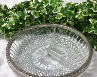 Lovely Glass & Silver Plated Three Section Serving Dish