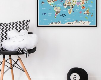Animal World Map Print Personalized Baby Gift Kids World Map Poster Custom Map Art Animal Nursery Decor Baby Name Art Custom Nursery Map Art