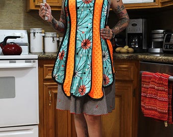 Retro apron pinup girl apron 50's apron diner apron turquoise atomic starburst orange chenille vintage out of print pattern rockabilly apron