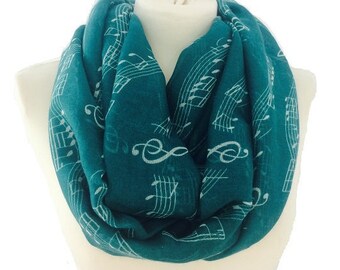 Music note infinity scarf, music scarf, music lover gift, womens scarf, cowl scarf, loop scarf, scarves, music note print infinity scarf