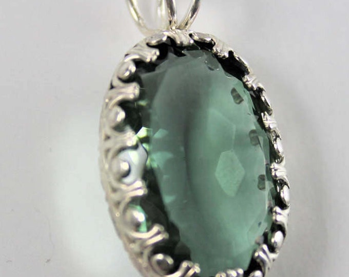 Green Amethyst Pendant, Prasiolite Necklace, Large Faceted Gemstone, 30 mm by 20 mm 48.3 Carat Green Quartz Gem, Sterling Silver Pendant