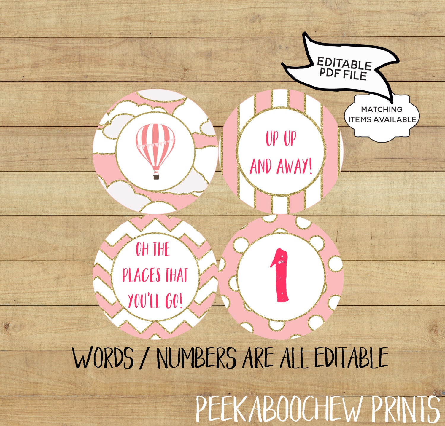 Hot Air Balloon Party Cupcake Toppers Editable Printable World