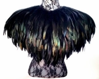 Black feather cape. Large cape of beautiful long iridescent black feathers. Burning Man. 'Black Swan'
