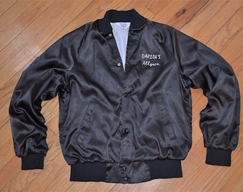 SALE 1970's black nylon silk bomber jacket "Darlin's Allyson", vintage, size adult small/ medium