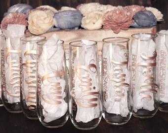Stemless Champagne Flute--Rose Gold--Gold--Bridesmaid Proposal Gift--Custom Vinyl Decal--2 LINES
