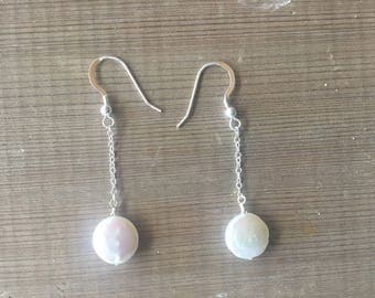 Sterling Silver, Coin Pearl, Earrings.