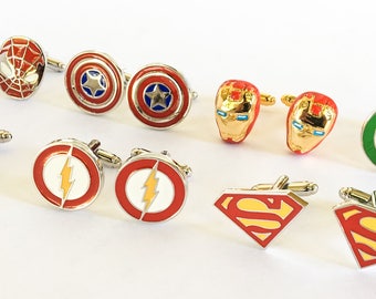 Superhero Wedding Cufflinks Cuff Links Set of (7) or (5) Superman Batman Iron Man Flash Spiderman Captain America Green Lantern