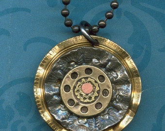 SALE - Brass smashed button PENDANT with center dots - steampunk-like a wheel... brass, steel filligree vintage buttons