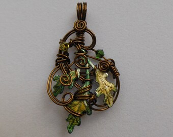 Green Oak Leaves Pendant -- Sculpted Antique Brass Wire, Green Hand Colored Oak Leaves, Swarovski Crystals, Elven Jewelry, Forest Oak Leaves