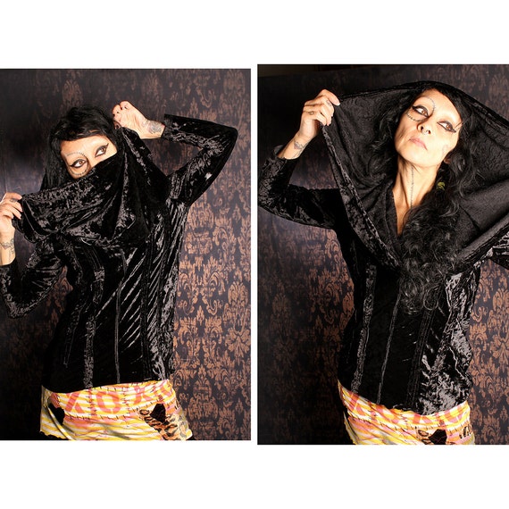 Black Velvet Huge Hood Top, oversize cowl shirt, gothic tunic, Festival fashion, patchwork hoodie, warm winter blouse, boho, gypsy top by CrudeThings steampunk buy now online