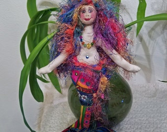 OOAK, Tropical Mermaid, with silk fiber sculpted face, silk upper body, Laurel Burch fabric tail, Swarovski crystal and sea shell accents