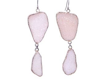 SALE!! White Freeform Druzy Statement Dangle Earrings in Silver