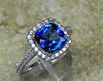 AAAA Blue Sapphire Cushion cut 8x8mm 2.50 Carats in 14K white gold Halo engagement ring with .30 carats of diamonds H88 MMM