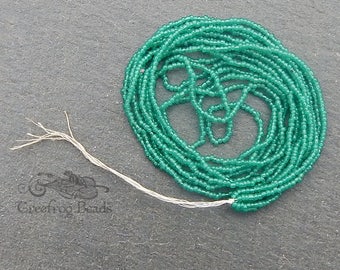 Size 20/0 Antique Micro Seed Beads - Translucent Greasy Teal Green Hank, Collectible Size 20 Vintage Glass Beads for Purses and Doll Making