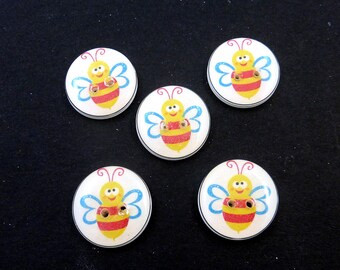 5 Bee Buttons. Pink, Yellow and Blue Handmade Buttons for sewing. 3/4" or 20 mm.