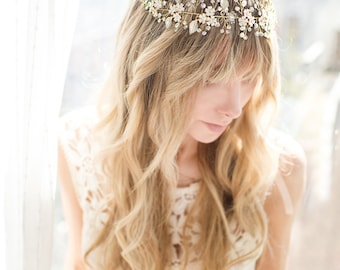 Boho Wedding Flower Crown, Gold Wire Hair Vine Hair Wreath, Gold Wedding Flower Hair Vine, Boho Wedding Headpiece - 'MAGNOLIA'