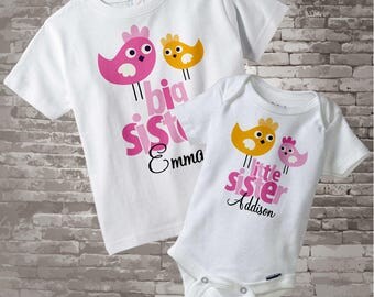 Big Sister Little Sister Outfits - Matching Sibling Set of 2 - Matching Outfits - Pink Orange Birds - Price is for Both Items 12222011a