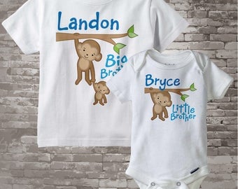 Big Brother Little Brother Shirt set of 2, Sibling Shirt, Personalized Tshirt with Cute Monkeys - Price is for Both 12302013g