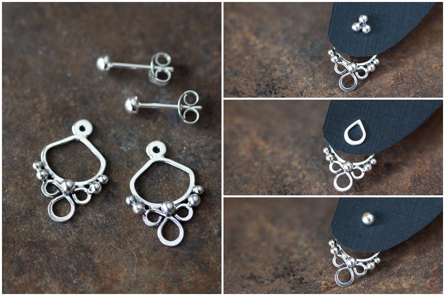 Handmade silver ear jacket earrings front and back earring