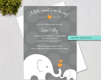 Elephant Baby Shower Invitation / Orange and Grey / Instant Download / EDITABLE TEMPLATE / 60205