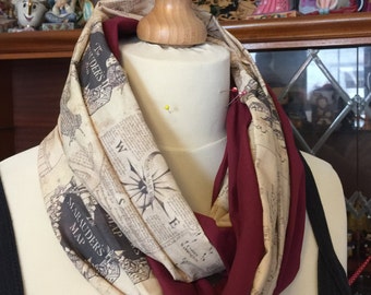 Marauders Map, Harry Potter inspired Infinity Scarf, featuring Hogwarts House colour