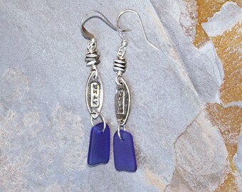 Pray Earrings, Blue Sea Glass Earrings, Blue Earrings, Dangly Earrings, Pray Jewelry, Prayer Earrings, Sea Glass Jewelry, Blue Earrings