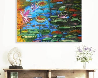 Autumn pond - lily Original blue impressionism Floral Oil Painting Canvas Palette Knife gallery fine art ready to hang impasto water lilies