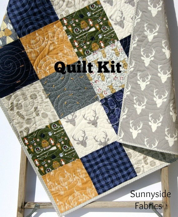 Quilt Kit Buffalo Plaid Navy Blue Woodland Boy Rustic Gold