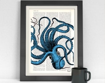 Summer Sale Turquoise Octopus Print,Dictionary art,wall art octopus decor, art print,Wall decor ctopus art,blue SEA061b