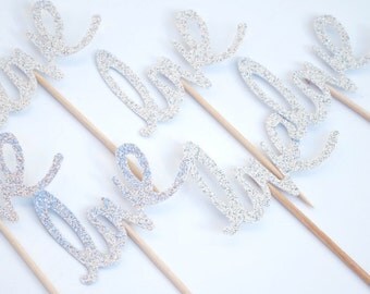 Silver Glitter Love Cupcake Toppers | Silver Wedding Cupcake Toppers