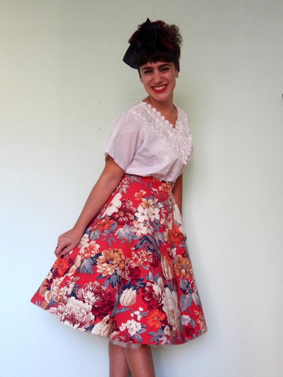 Red floral custom made high waisted circle skirt